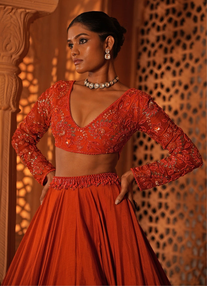 Orange Embroidered Silk Lehenga Enamour by Radha - Fabilicious Fashion