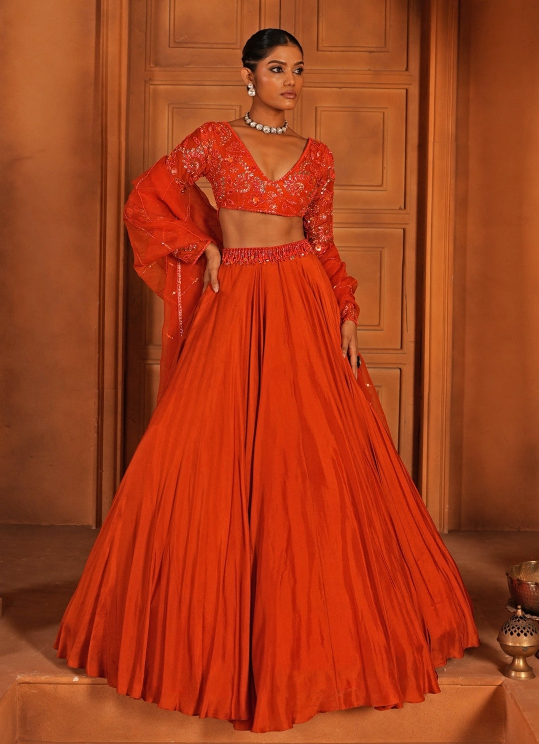 Orange Embroidered Silk Lehenga Enamour by Radha - Fabilicious Fashion