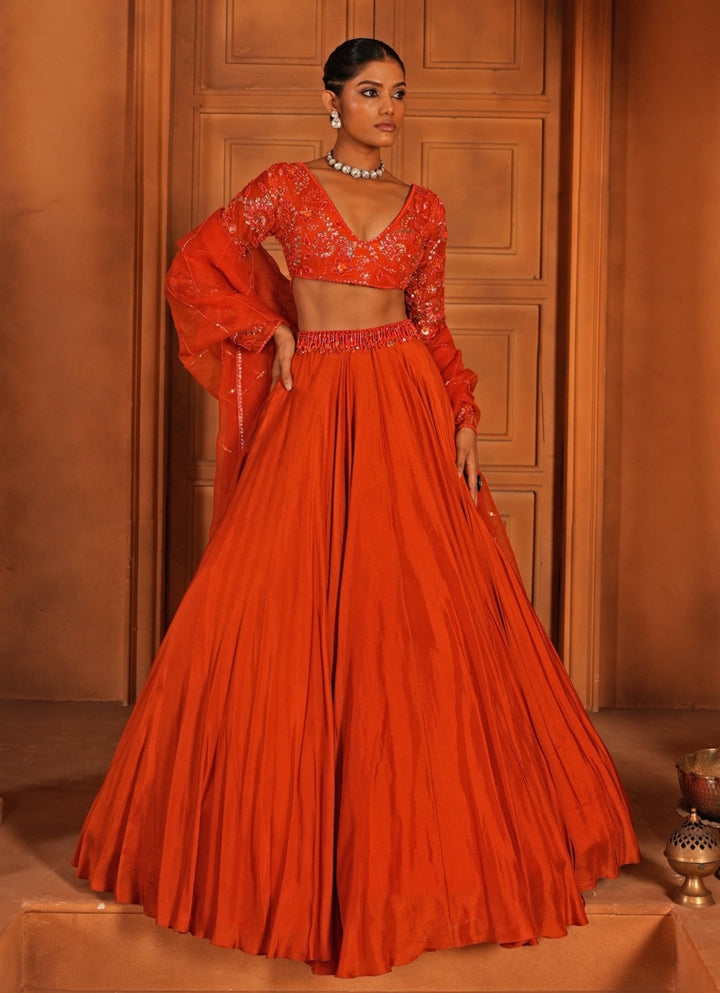 Orange Embroidered Silk Lehenga Enamour by Radha - Fabilicious Fashion