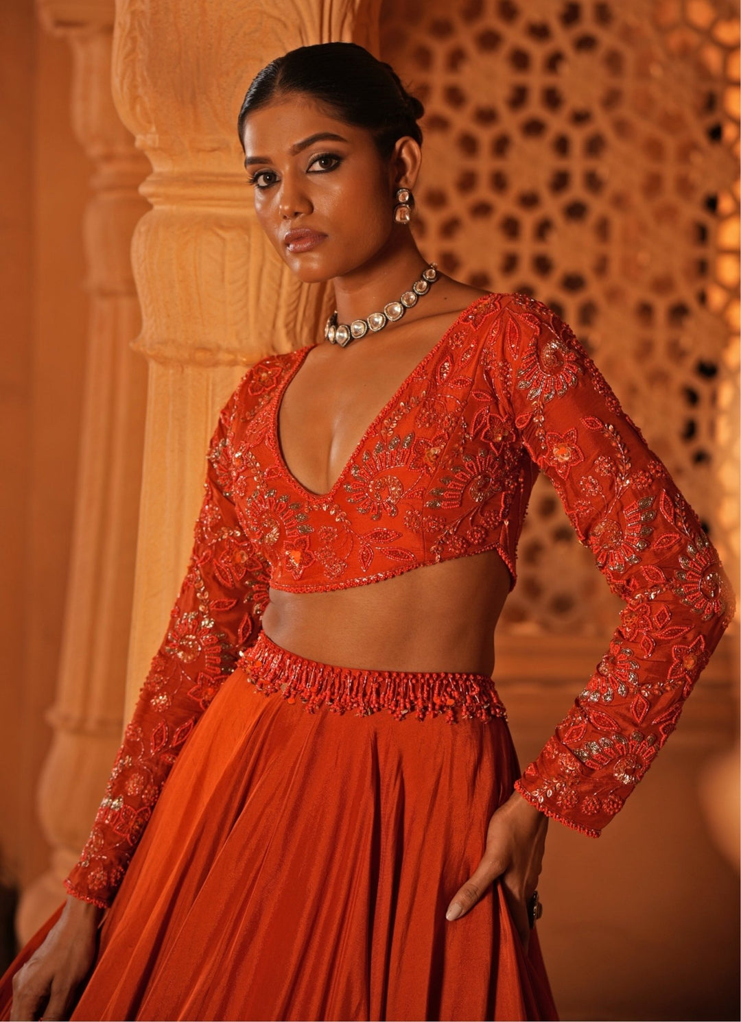 Orange Embroidered Silk Lehenga Enamour by Radha - Fabilicious Fashion
