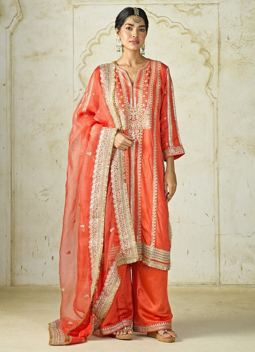 Gopi Vaid Orange Embroidered Tussar Kurta Palazzo SetFabilicious Fashion