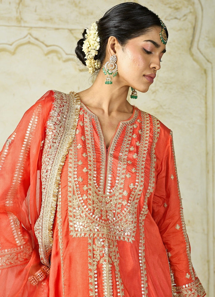 Gopi Vaid Orange Embroidered Tussar Kurta Palazzo SetFabilicious Fashion