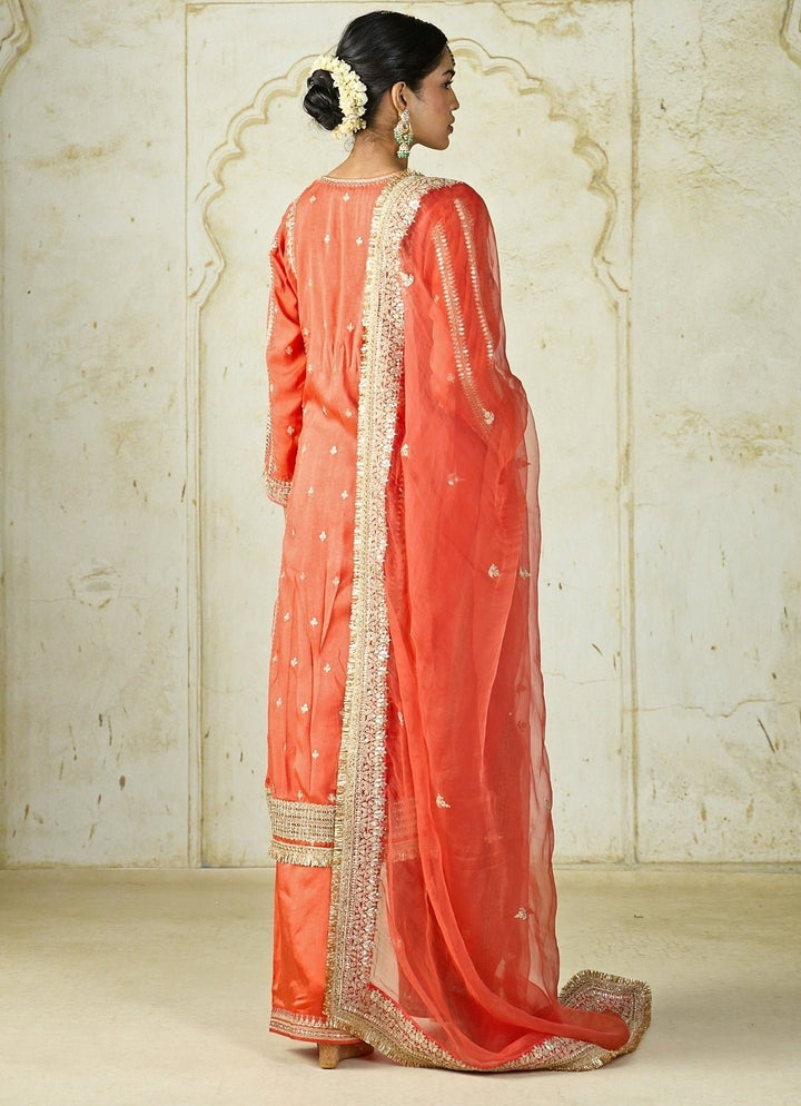 Gopi Vaid Orange Embroidered Tussar Kurta Palazzo SetFabilicious Fashion