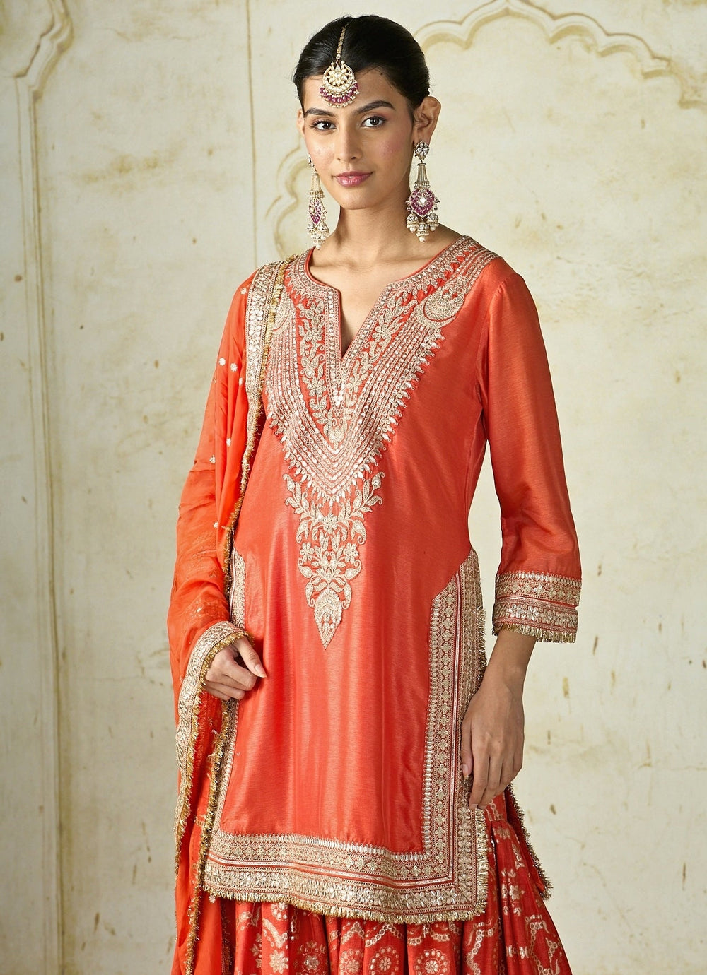 Gopi Vaid Orange Embroidered Tussar Kurta Sharara SetFabilicious Fashion