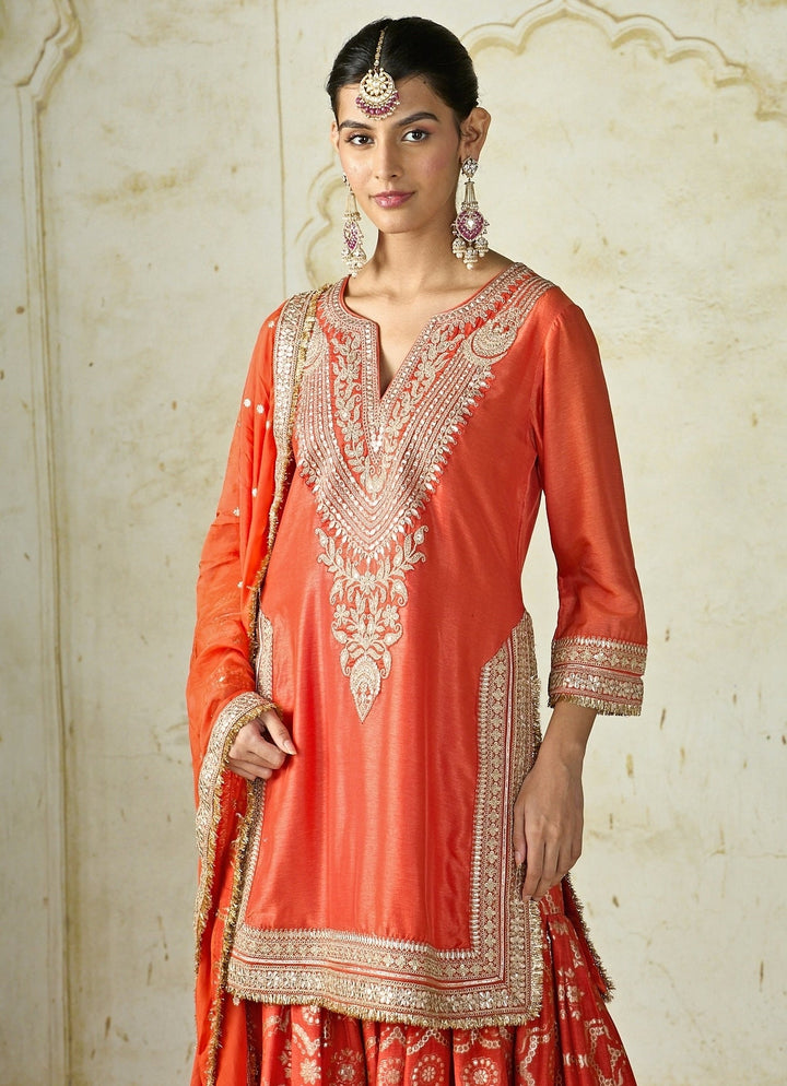 Gopi Vaid Orange Embroidered Tussar Kurta Sharara SetFabilicious Fashion