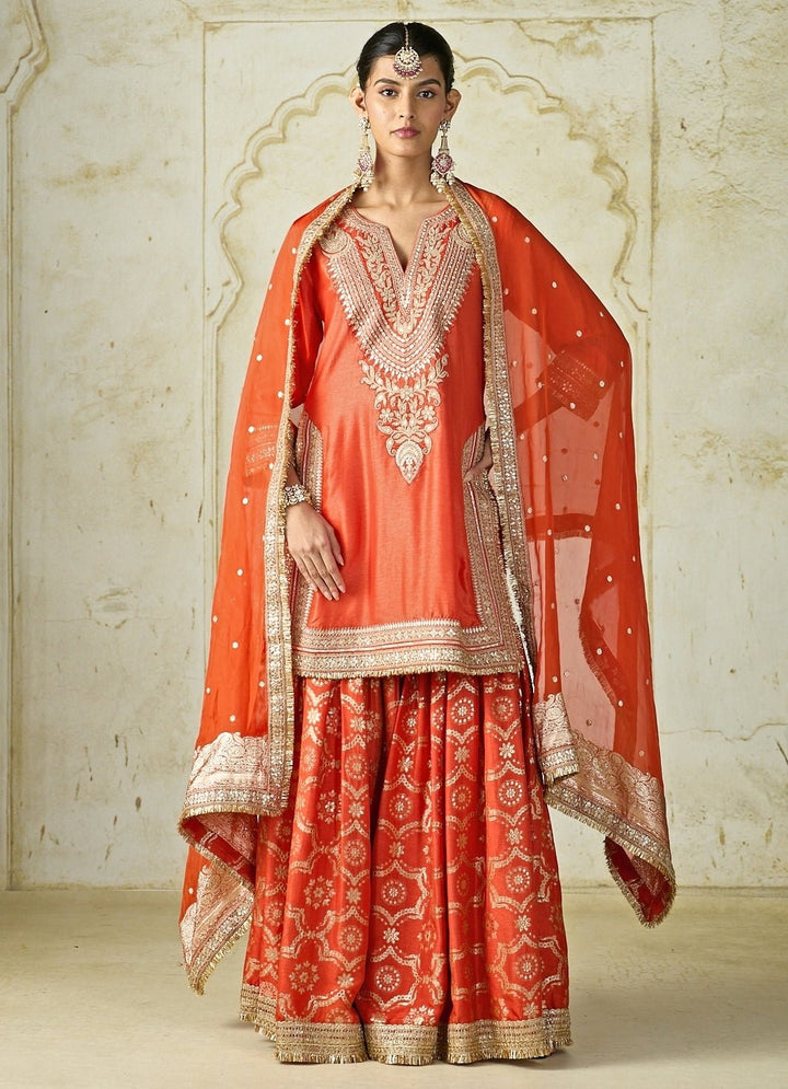 Gopi Vaid Orange Embroidered Tussar Kurta Sharara SetFabilicious Fashion