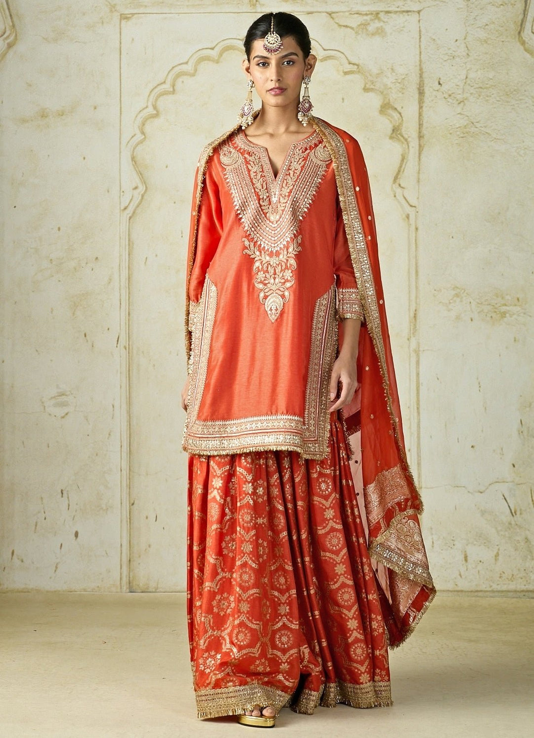 Gopi Vaid Orange Embroidered Tussar Kurta Sharara SetFabilicious Fashion