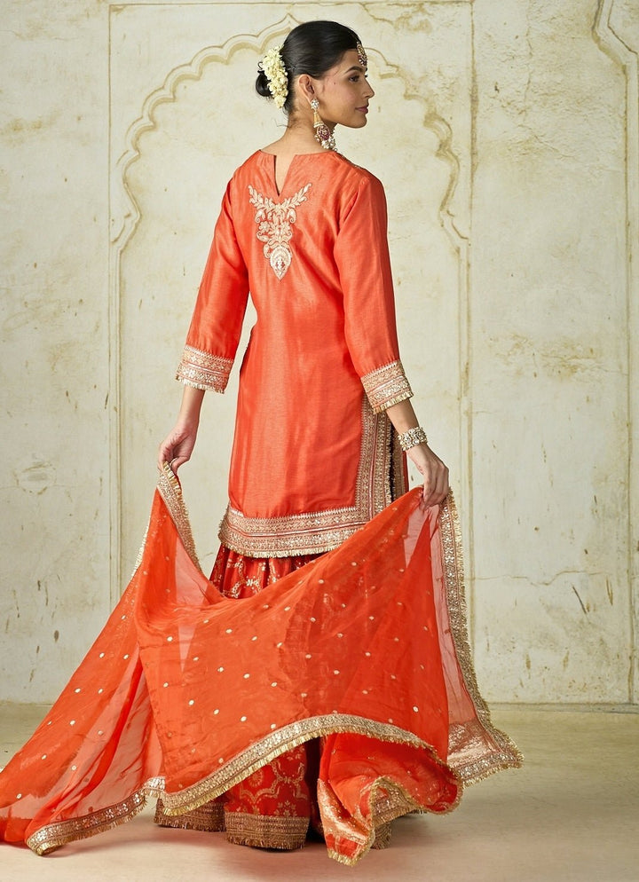 Gopi Vaid Orange Embroidered Tussar Kurta Sharara SetFabilicious Fashion