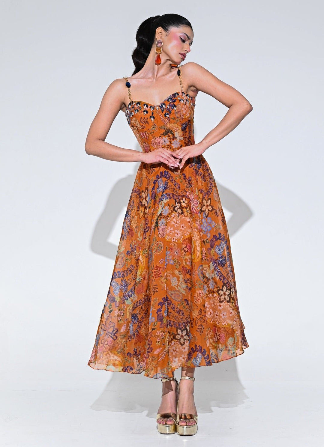 Orange Floral Organza Corset Midi Dress Juhi Bengani - Fabilicious Fashion