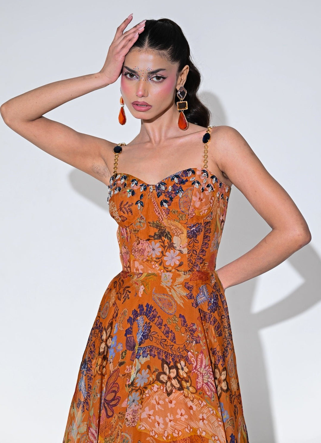 Orange Floral Organza Corset Midi Dress Juhi Bengani - Fabilicious Fashion