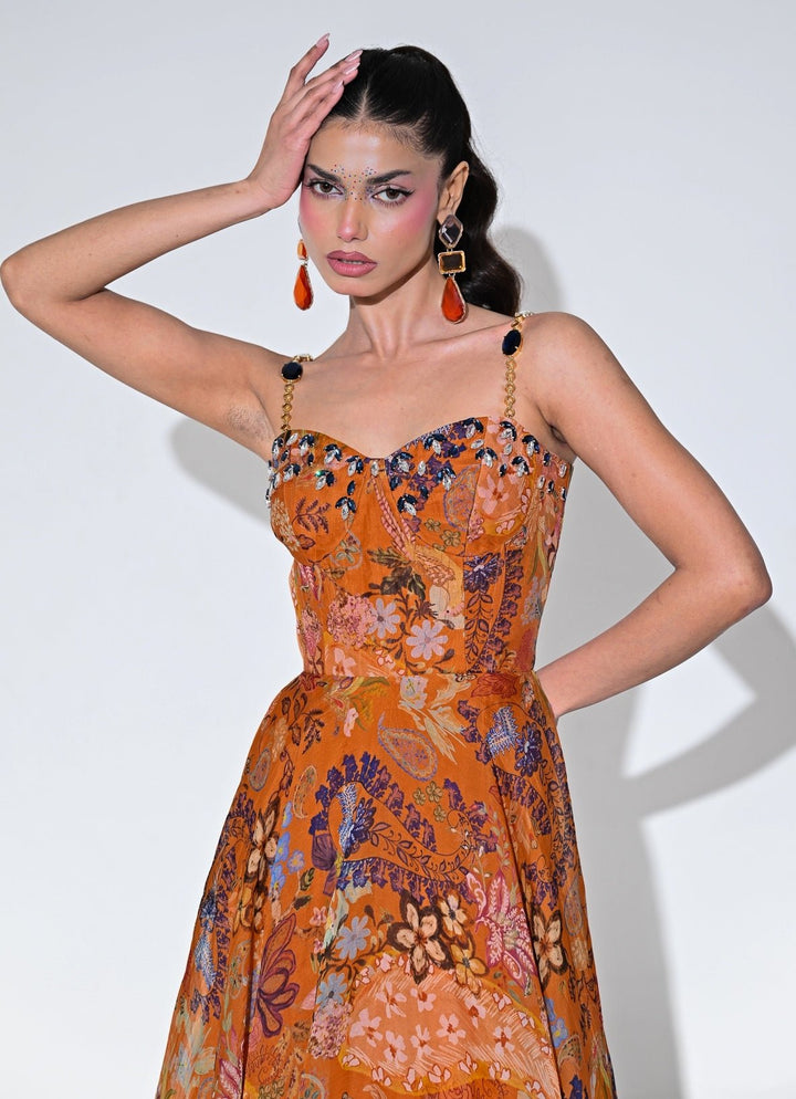 Orange Floral Organza Corset Midi Dress Juhi Bengani - Fabilicious Fashion