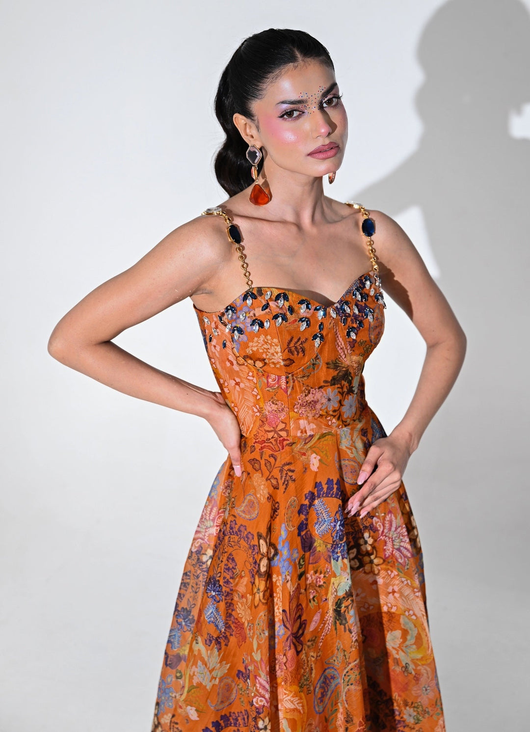 Orange Floral Organza Corset Midi Dress Juhi Bengani - Fabilicious Fashion