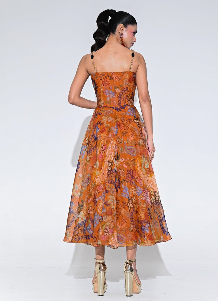 Orange Floral Organza Corset Midi Dress Juhi Bengani - Fabilicious Fashion