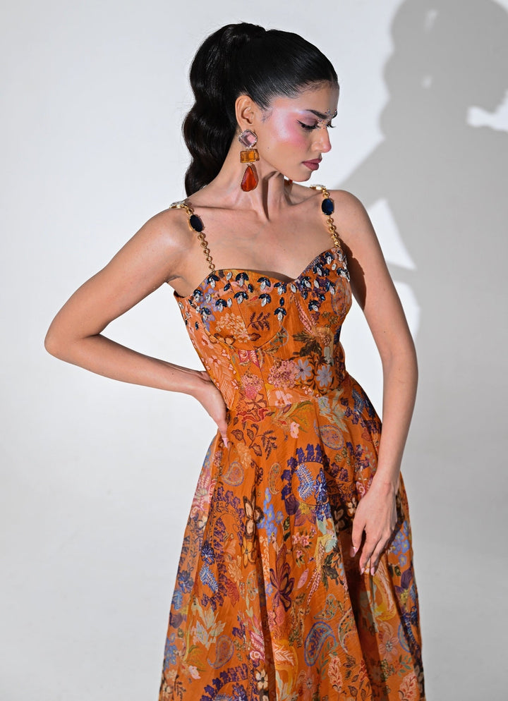 Orange Floral Organza Corset Midi Dress Juhi Bengani - Fabilicious Fashion
