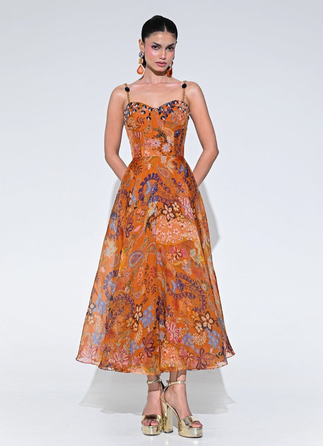 Orange Floral Organza Corset Midi Dress Juhi Bengani - Fabilicious Fashion