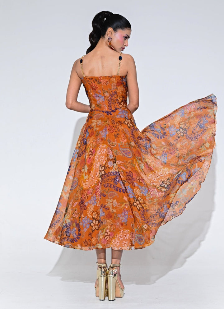 Orange Floral Organza Corset Midi Dress Juhi Bengani - Fabilicious Fashion