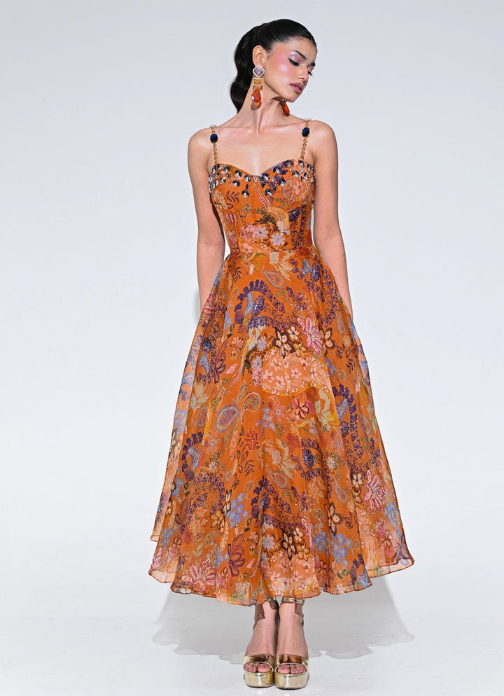 Orange Floral Organza Corset Midi Dress Juhi Bengani - Fabilicious Fashion