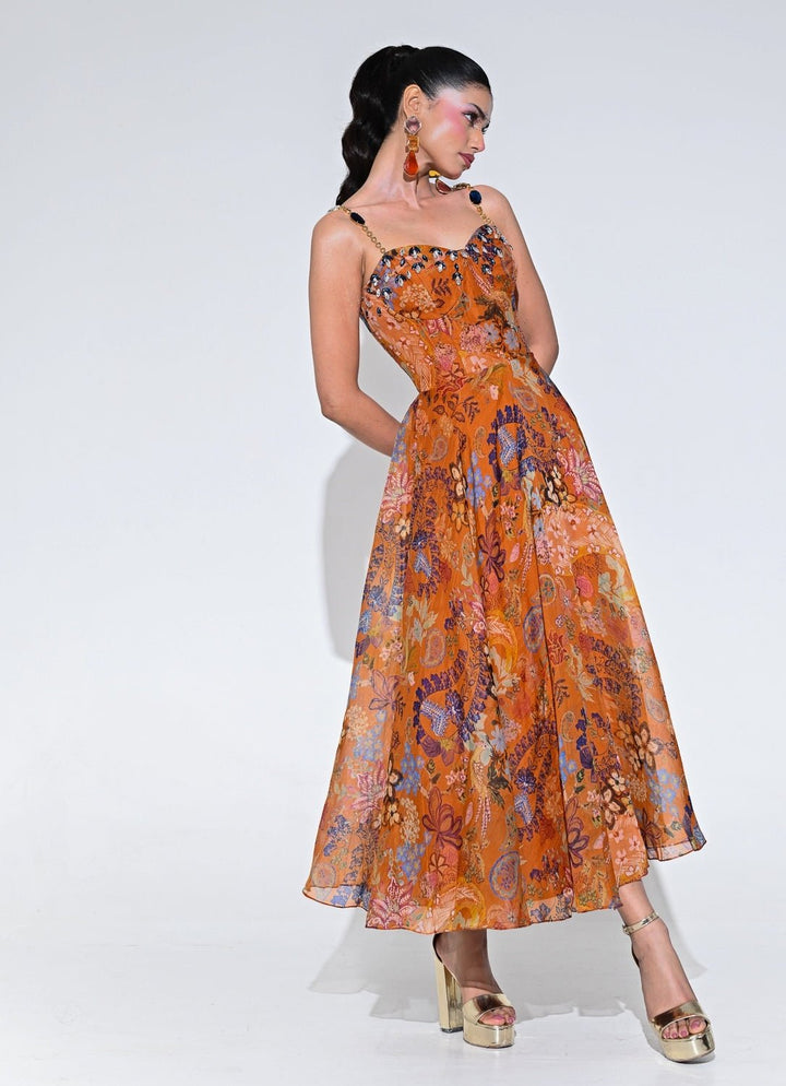 Orange Floral Organza Corset Midi Dress Juhi Bengani - Fabilicious Fashion