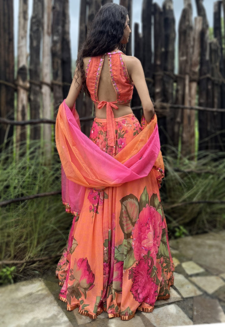 Orange Floral Printed Organza Lehenga Set Basil Leaf - Fabilicious Fashion