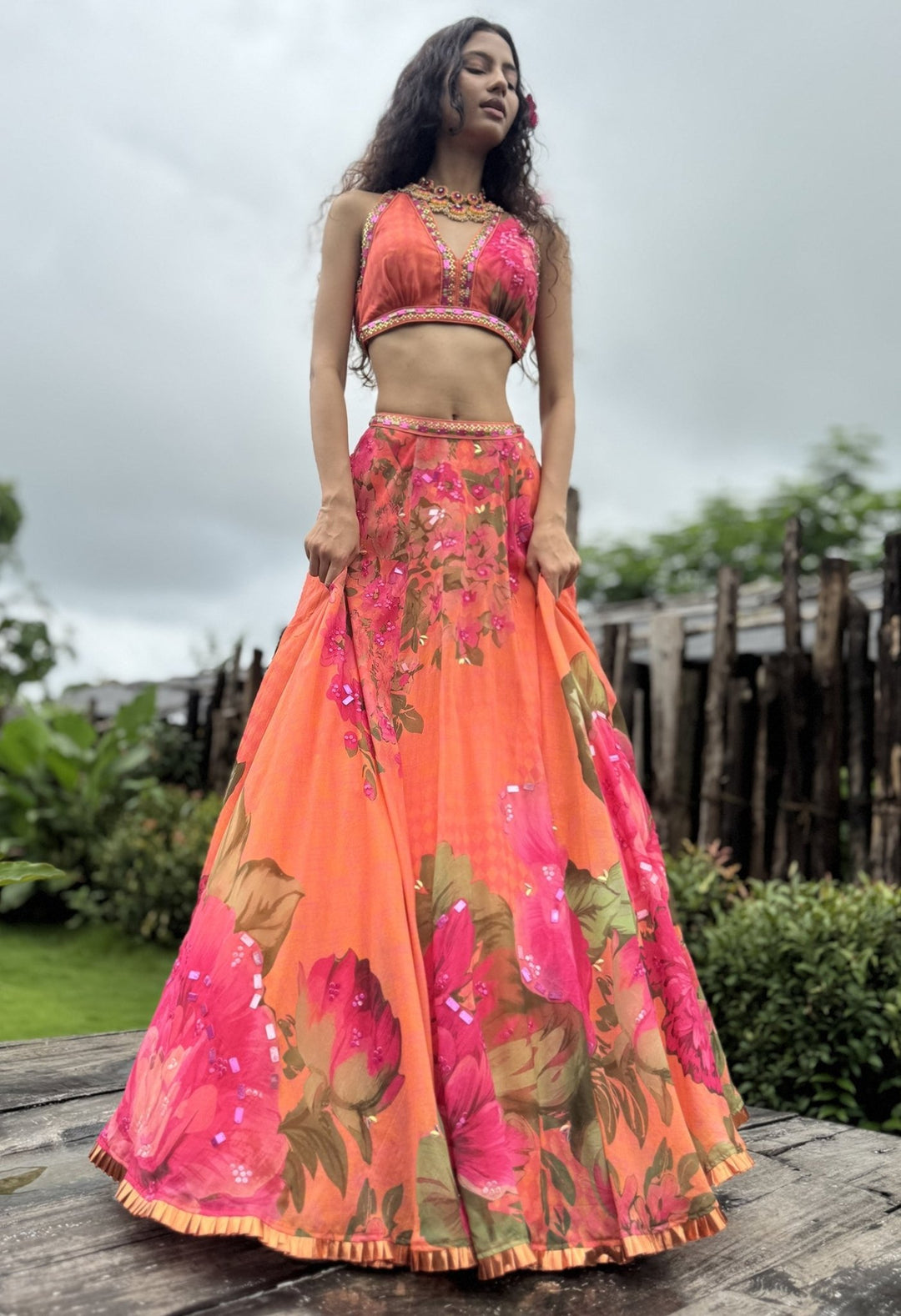 Orange Floral Printed Organza Lehenga Set Basil Leaf - Fabilicious Fashion