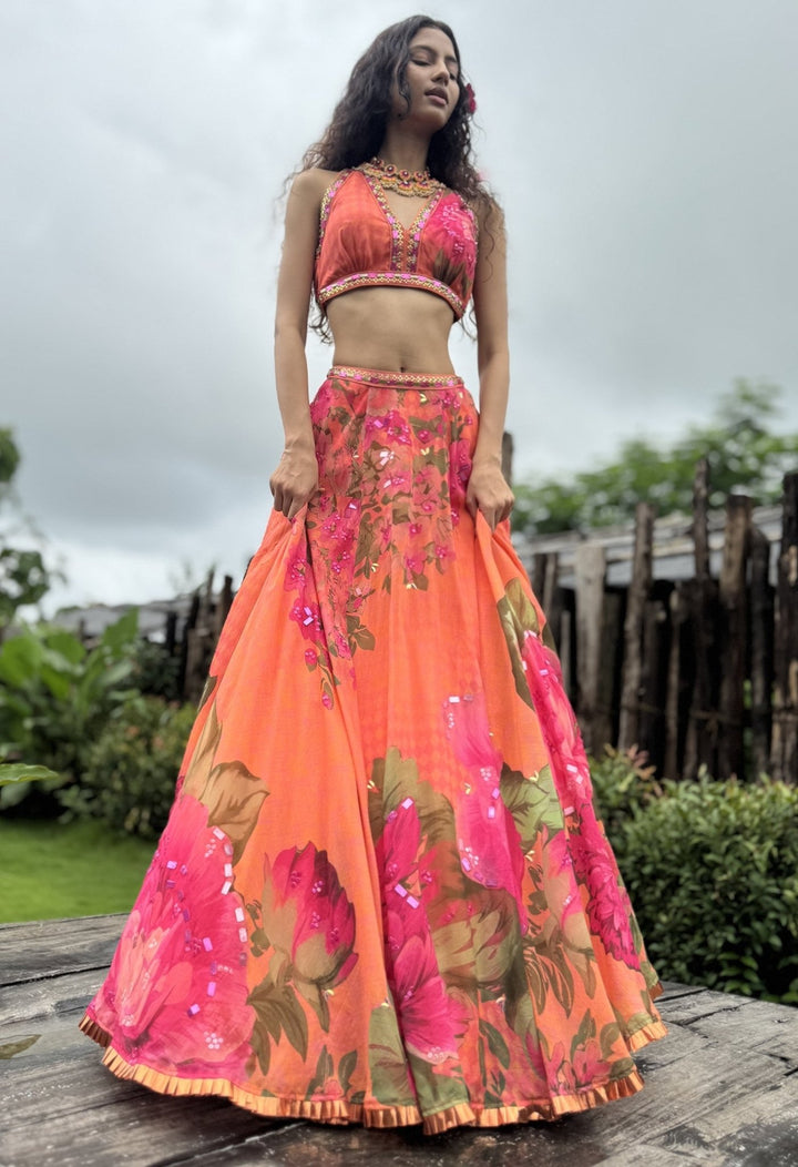 Orange Floral Printed Organza Lehenga Set Basil Leaf - Fabilicious Fashion