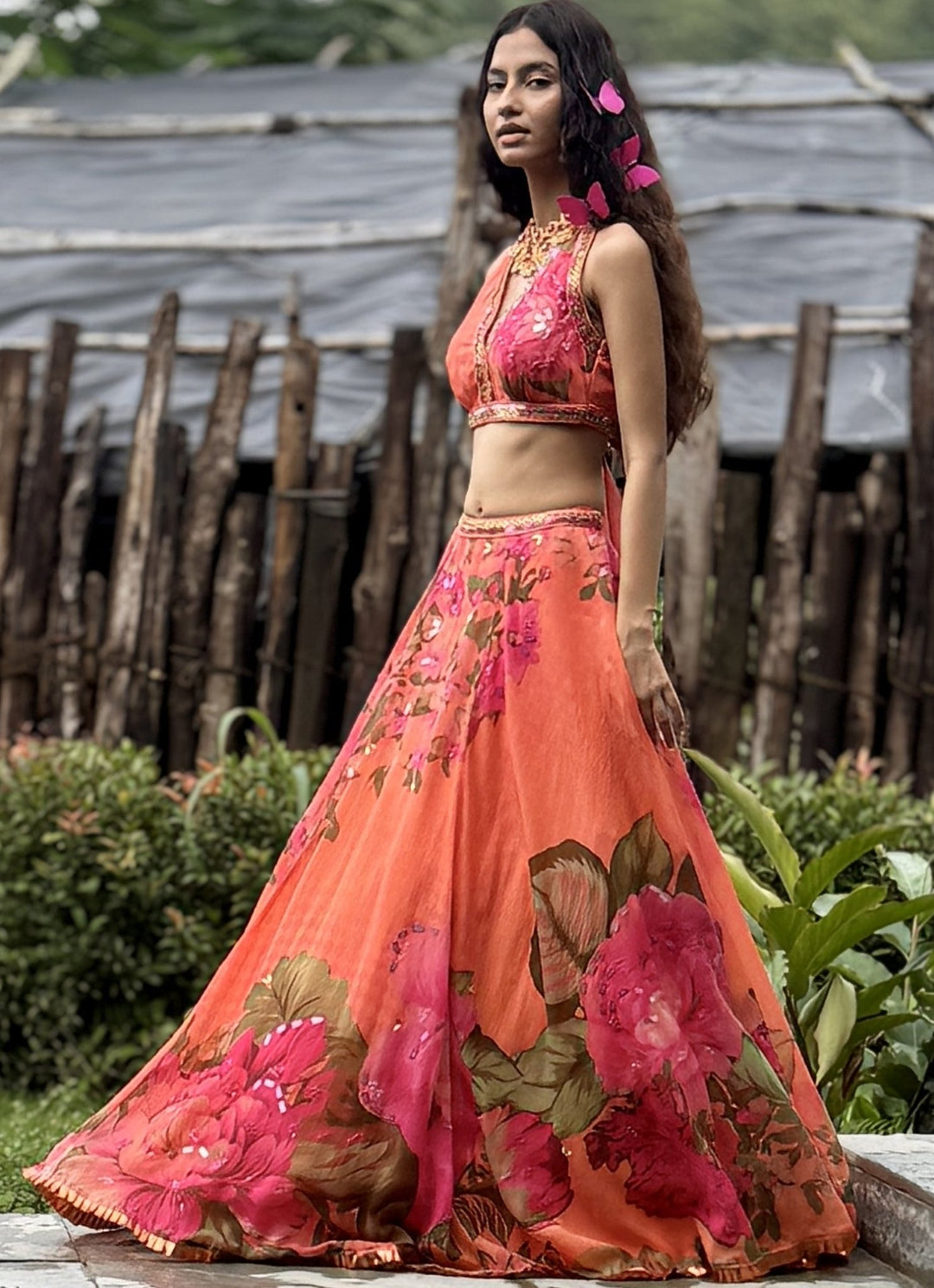 Orange Floral Printed Organza Lehenga Set Basil Leaf - Fabilicious Fashion