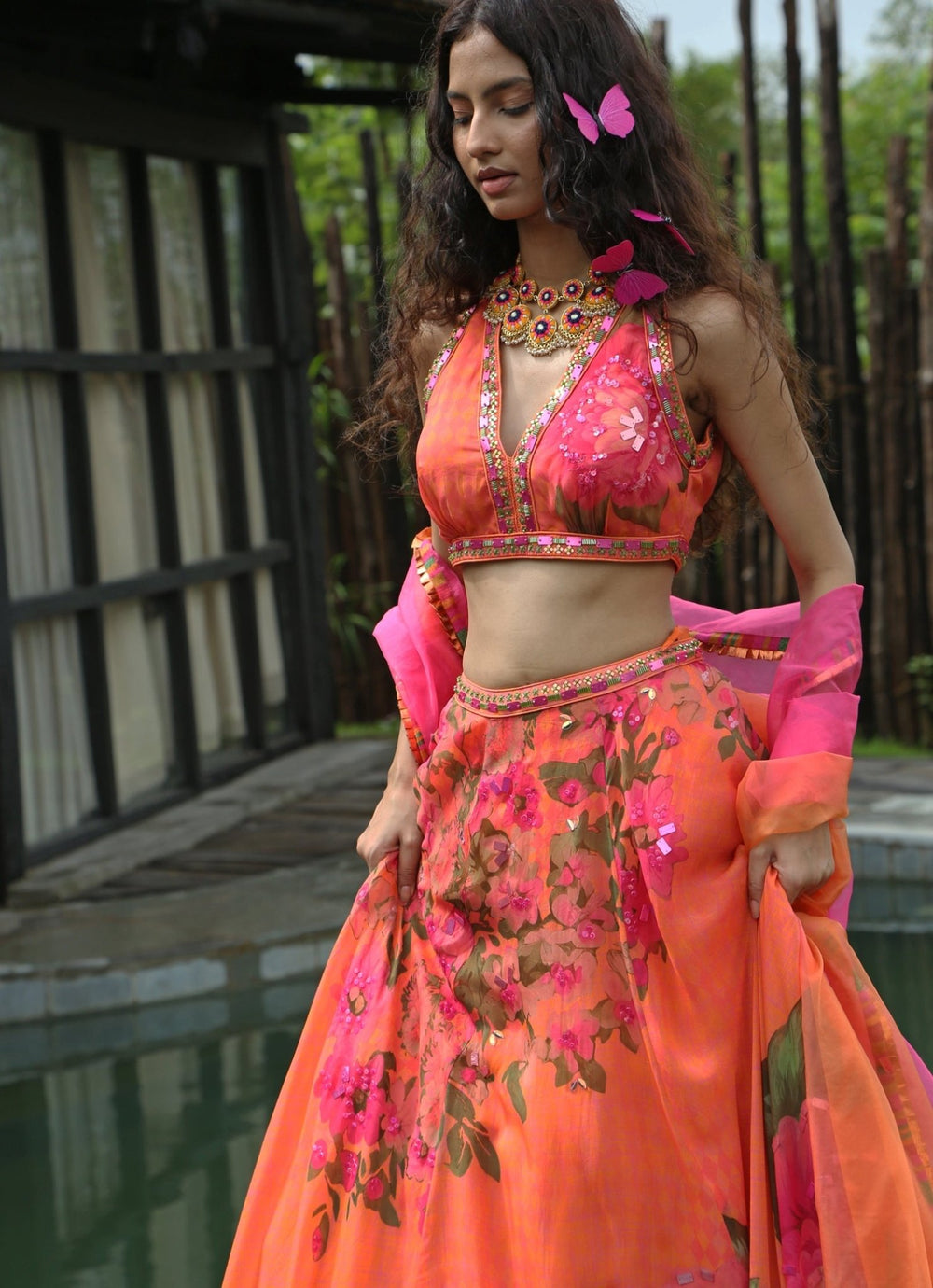 Orange Floral Printed Organza Lehenga Set Basil Leaf - Fabilicious Fashion