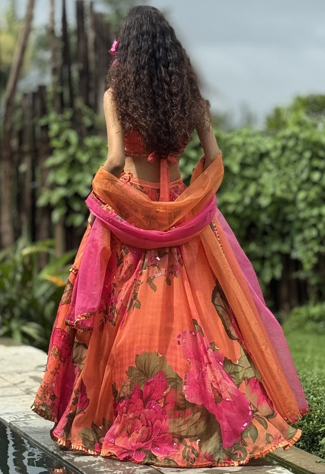 Orange Floral Printed Organza Lehenga Set Basil Leaf - Fabilicious Fashion