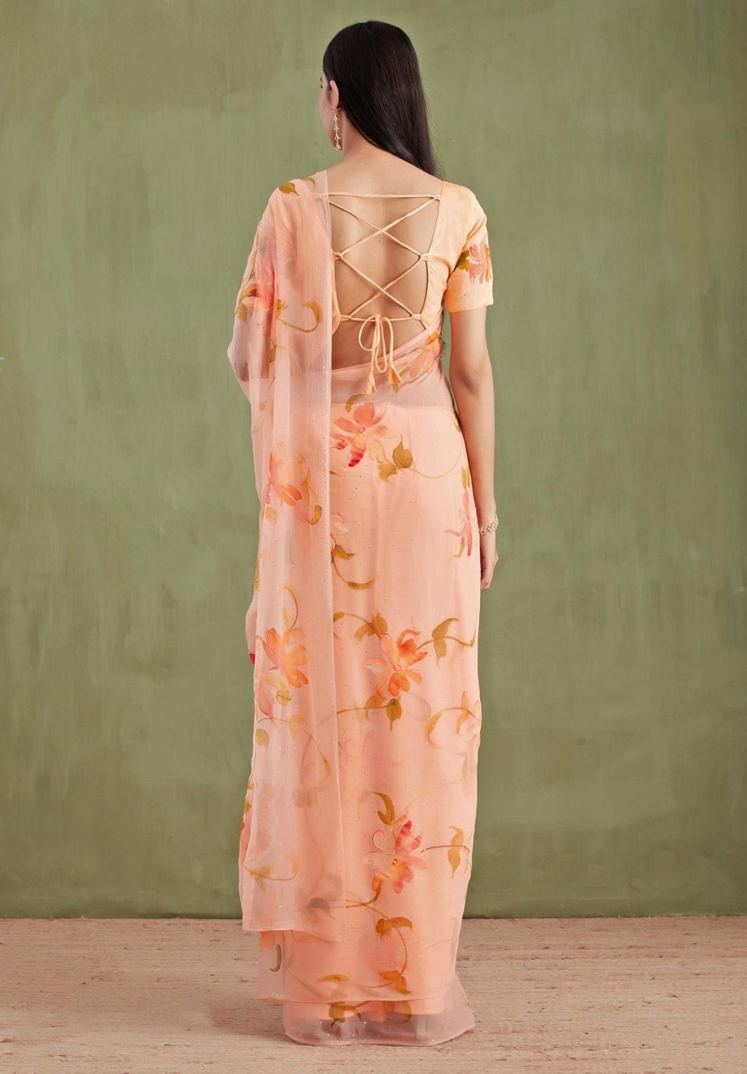 Geroo Jaipur Orange Hand Painted Chiffon Pre - Draped SareeFabilicious Fashion
