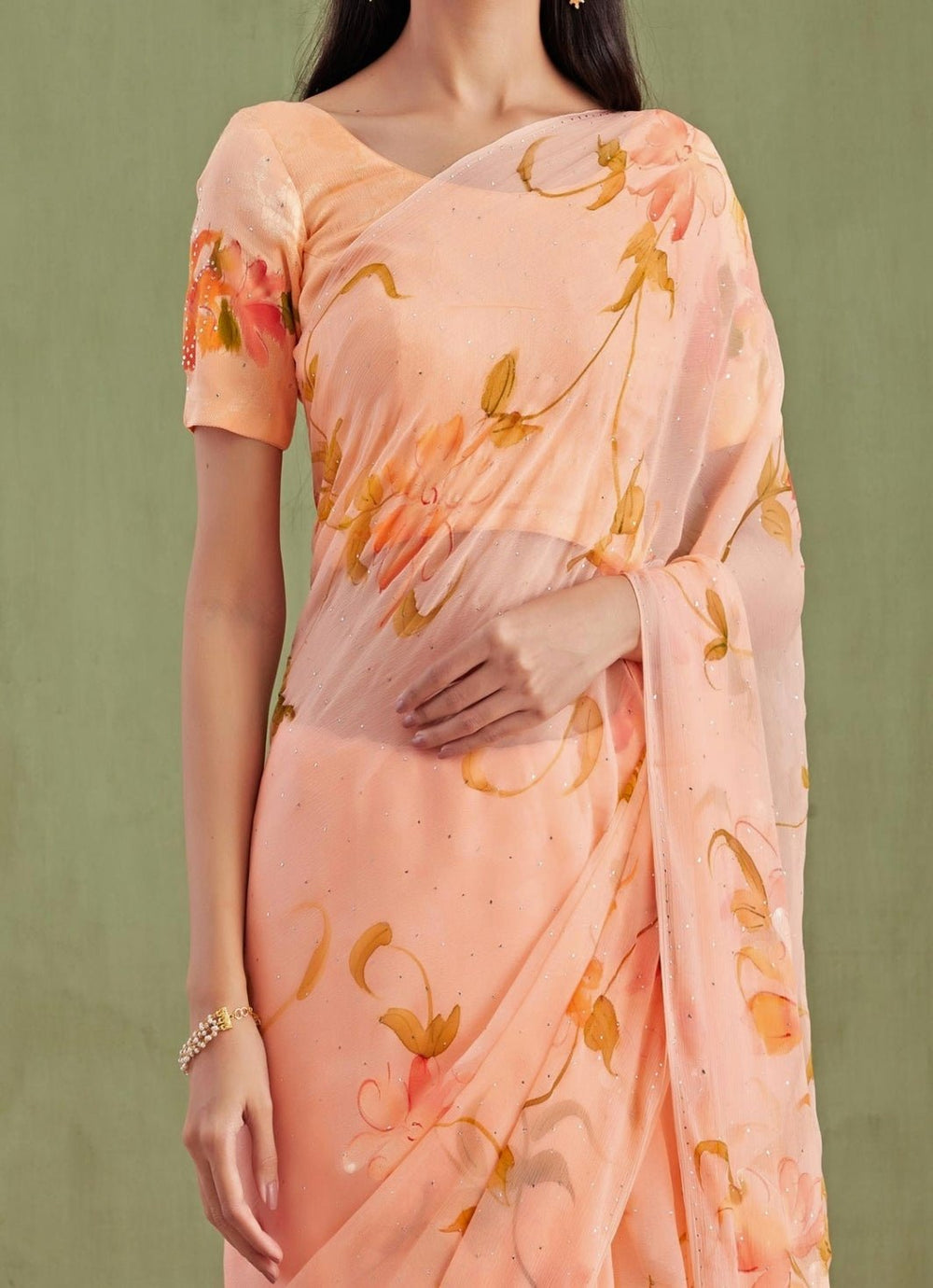 Orange Hand Painted Chiffon Pre - Draped Saree Geroo Jaipur - Fabilicious Fashion
