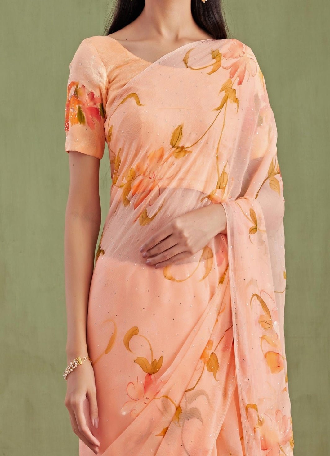 Geroo Jaipur Orange Hand Painted Chiffon Pre - Draped SareeFabilicious Fashion