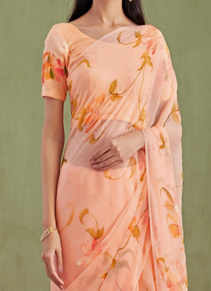 Geroo Jaipur Orange Hand Painted Chiffon Pre - Draped SareeFabilicious Fashion