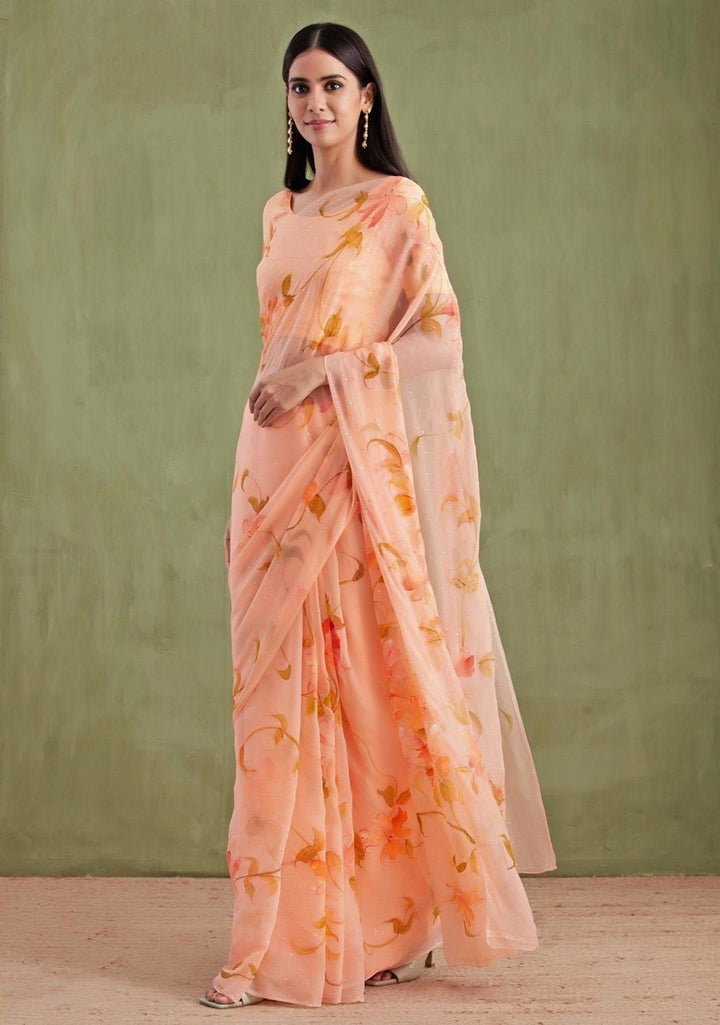 Geroo Jaipur Orange Hand Painted Chiffon Pre - Draped SareeFabilicious Fashion