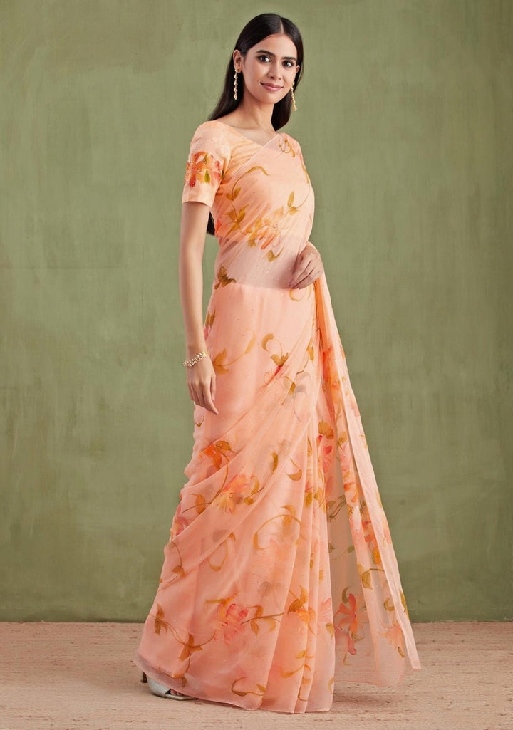 Geroo Jaipur Orange Hand Painted Chiffon Pre - Draped SareeFabilicious Fashion