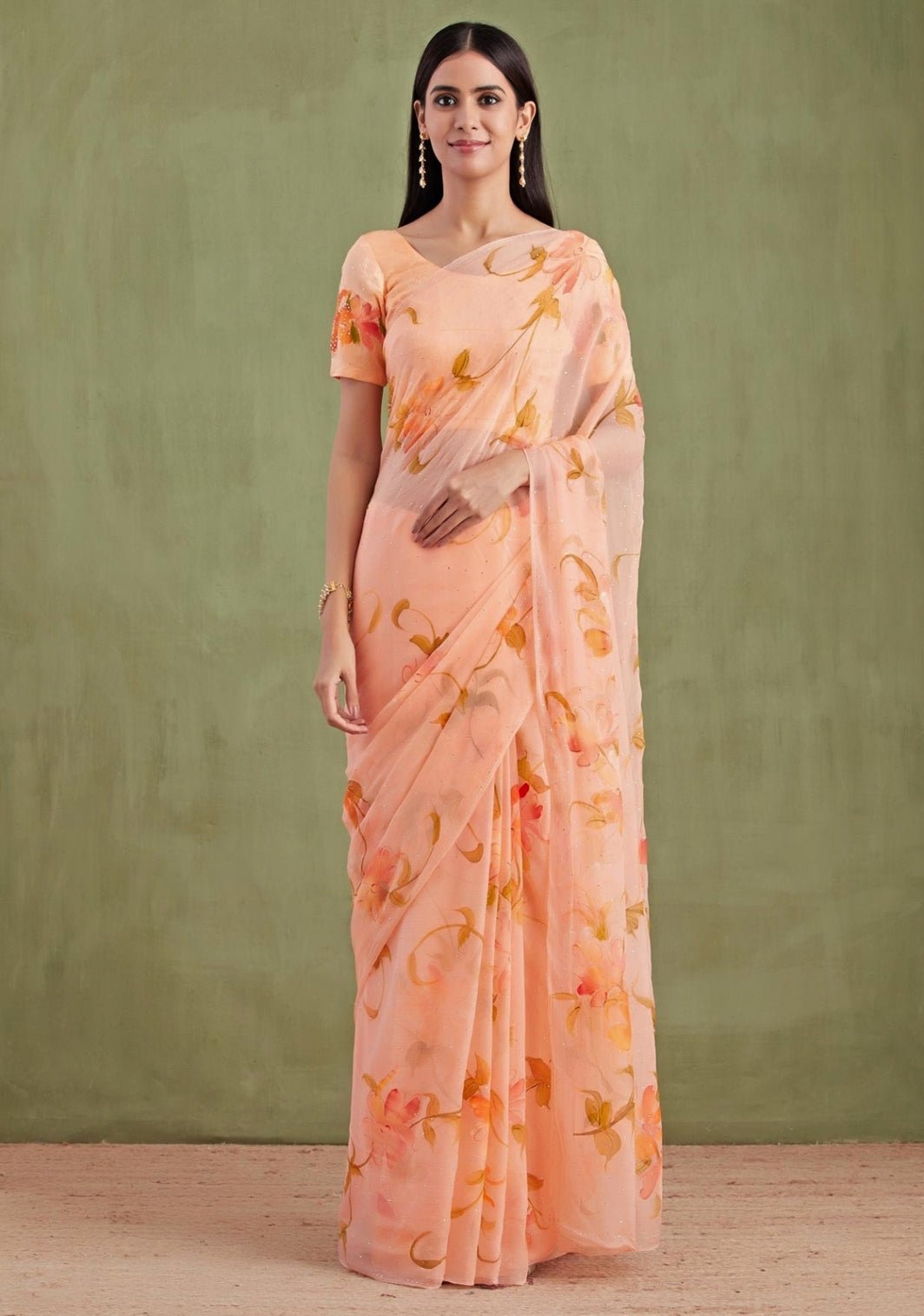 Orange Hand Painted Chiffon Pre - Draped Saree Geroo Jaipur - Fabilicious Fashion