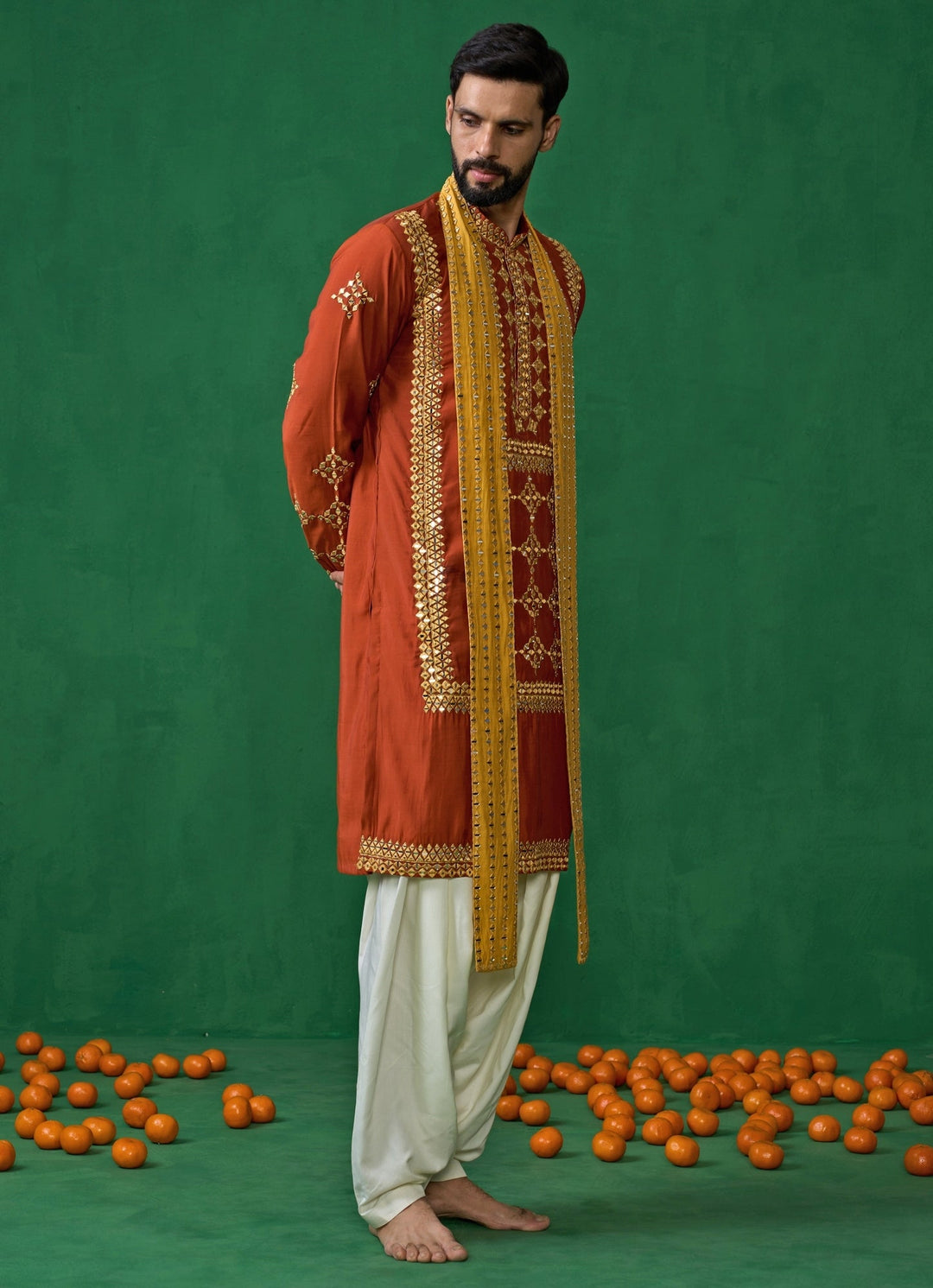 Orange Mirror Embroidered Silk Kurta Set Kalpraag - Fabilicious Fashion