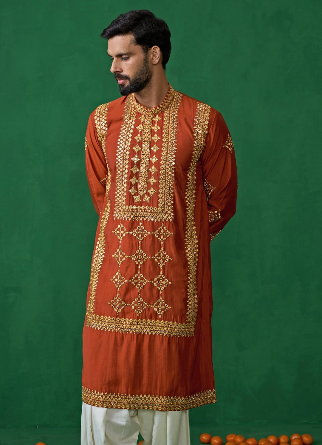Orange Mirror Embroidered Silk Kurta Set Kalpraag - Fabilicious Fashion