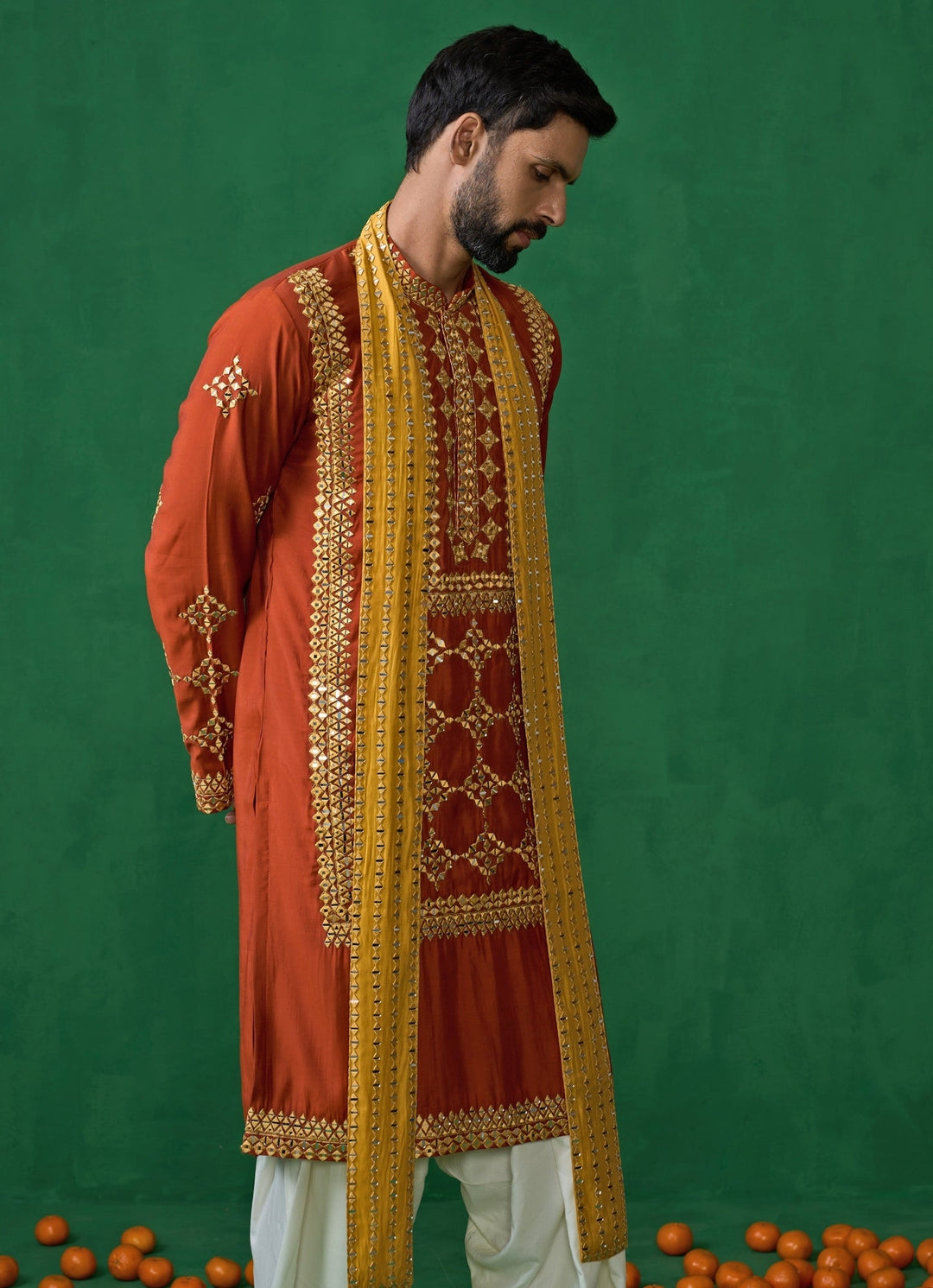 Orange Mirror Embroidered Silk Kurta Set Kalpraag - Fabilicious Fashion