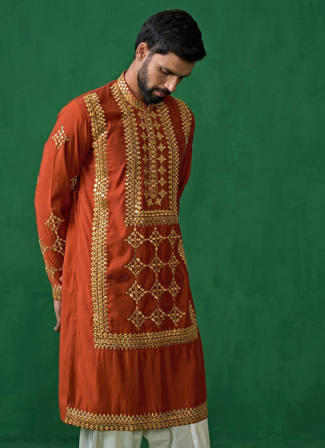 Orange Mirror Embroidered Silk Kurta Set Kalpraag - Fabilicious Fashion