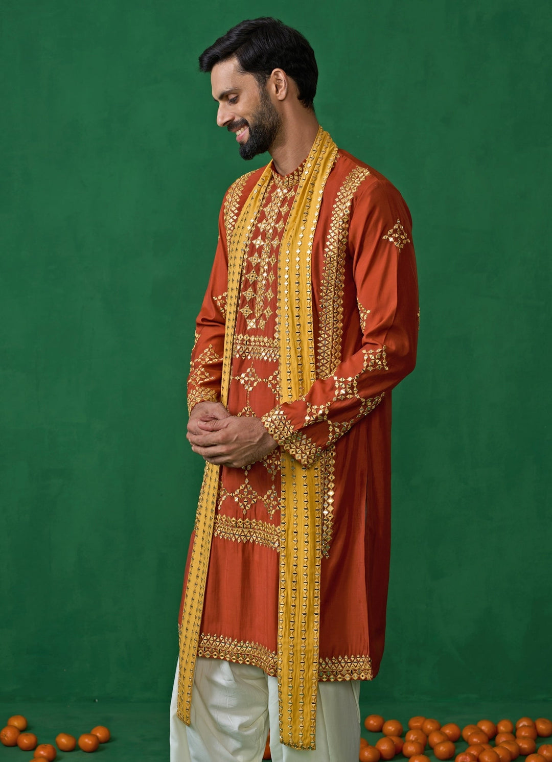 Orange Mirror Embroidered Silk Kurta Set Kalpraag - Fabilicious Fashion