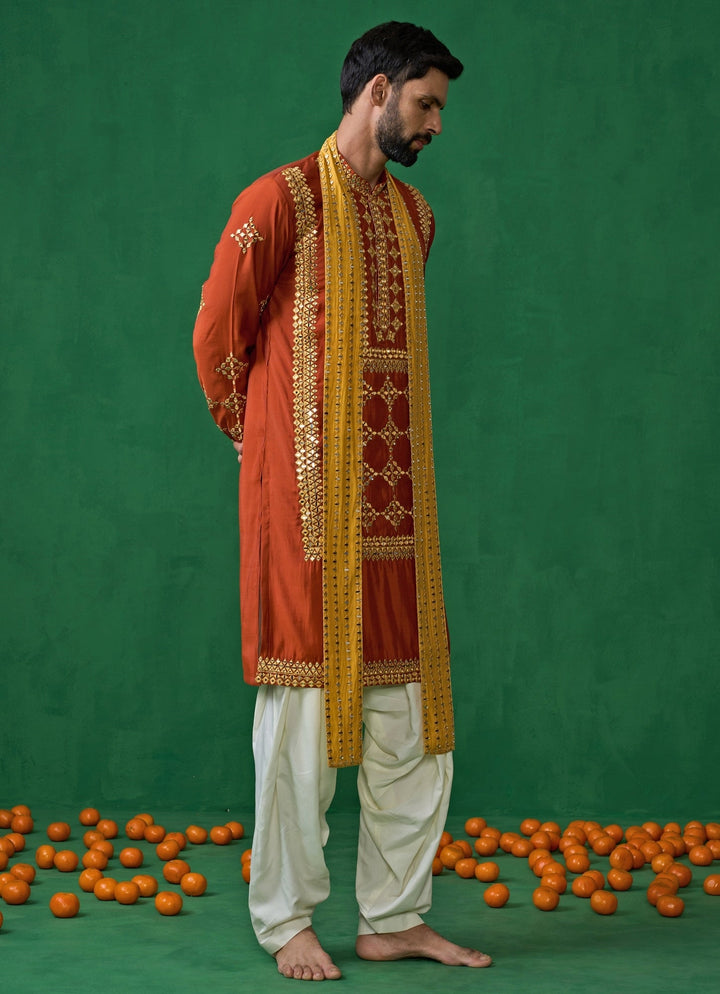 Orange Mirror Embroidered Silk Kurta Set Kalpraag - Fabilicious Fashion