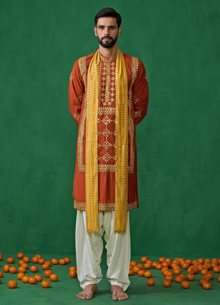 Orange Mirror Embroidered Silk Kurta Set Kalpraag - Fabilicious Fashion