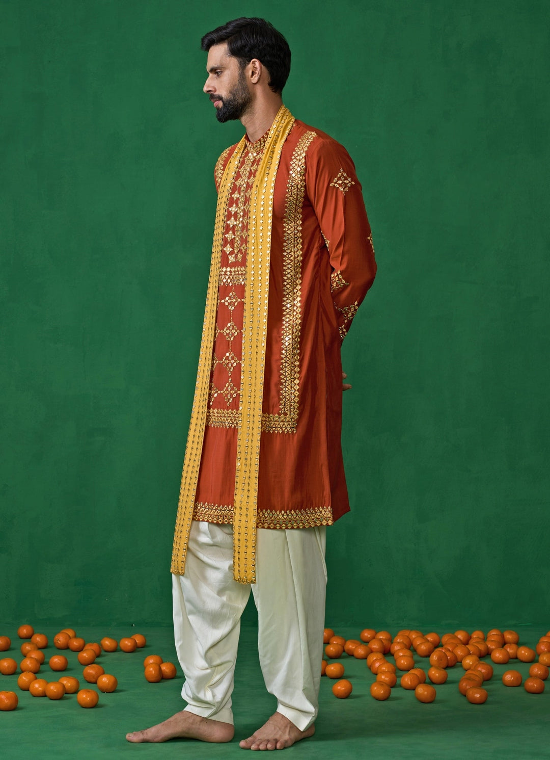 Orange Mirror Embroidered Silk Kurta Set Kalpraag - Fabilicious Fashion