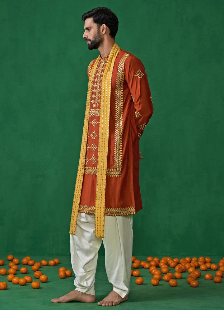 Orange Mirror Embroidered Silk Kurta Set Kalpraag - Fabilicious Fashion