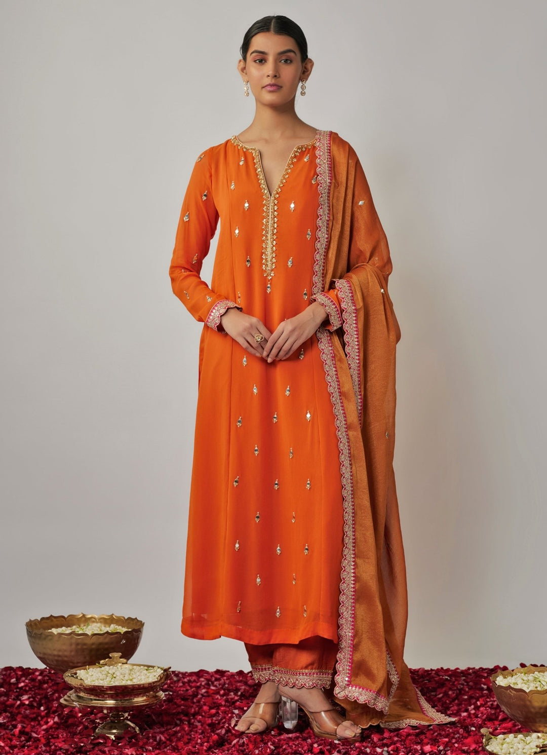Orange Mirror Work Kurta Pant Set Renee Label - Fabilicious Fashion
