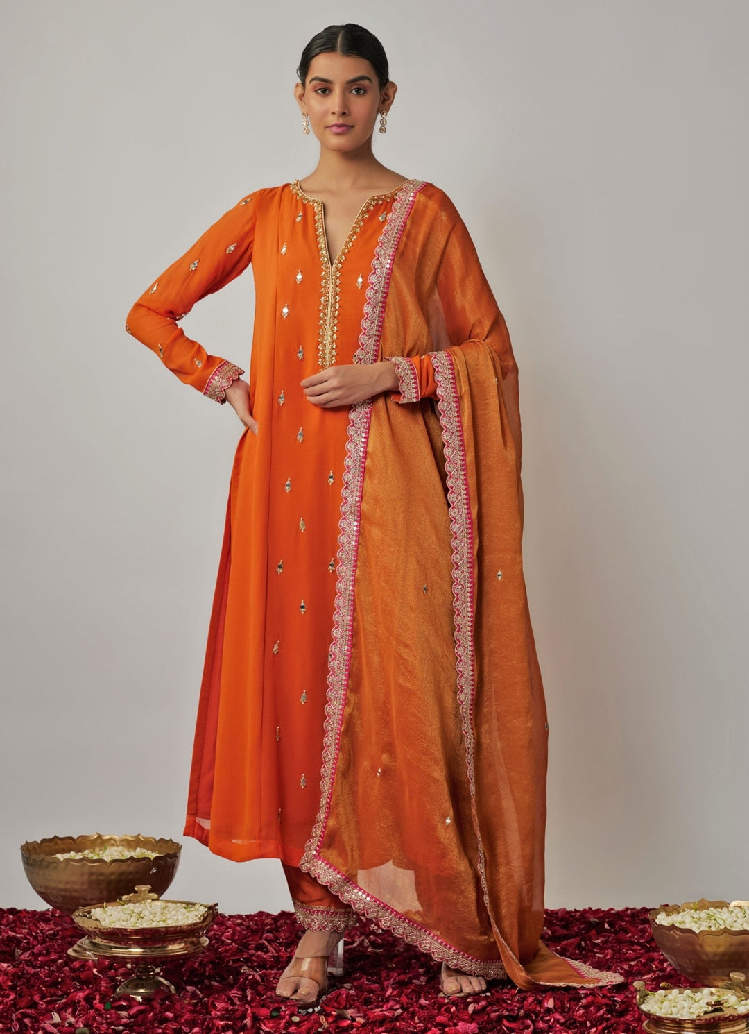 Orange Mirror Work Kurta Pant Set Renee Label - Fabilicious Fashion