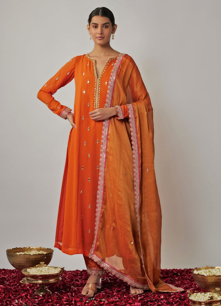 Orange Mirror Work Kurta Pant Set Renee Label - Fabilicious Fashion