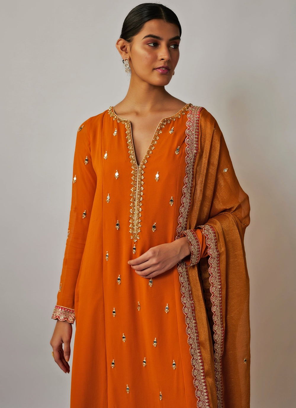Orange Mirror Work Kurta Pant Set Renee Label - Fabilicious Fashion