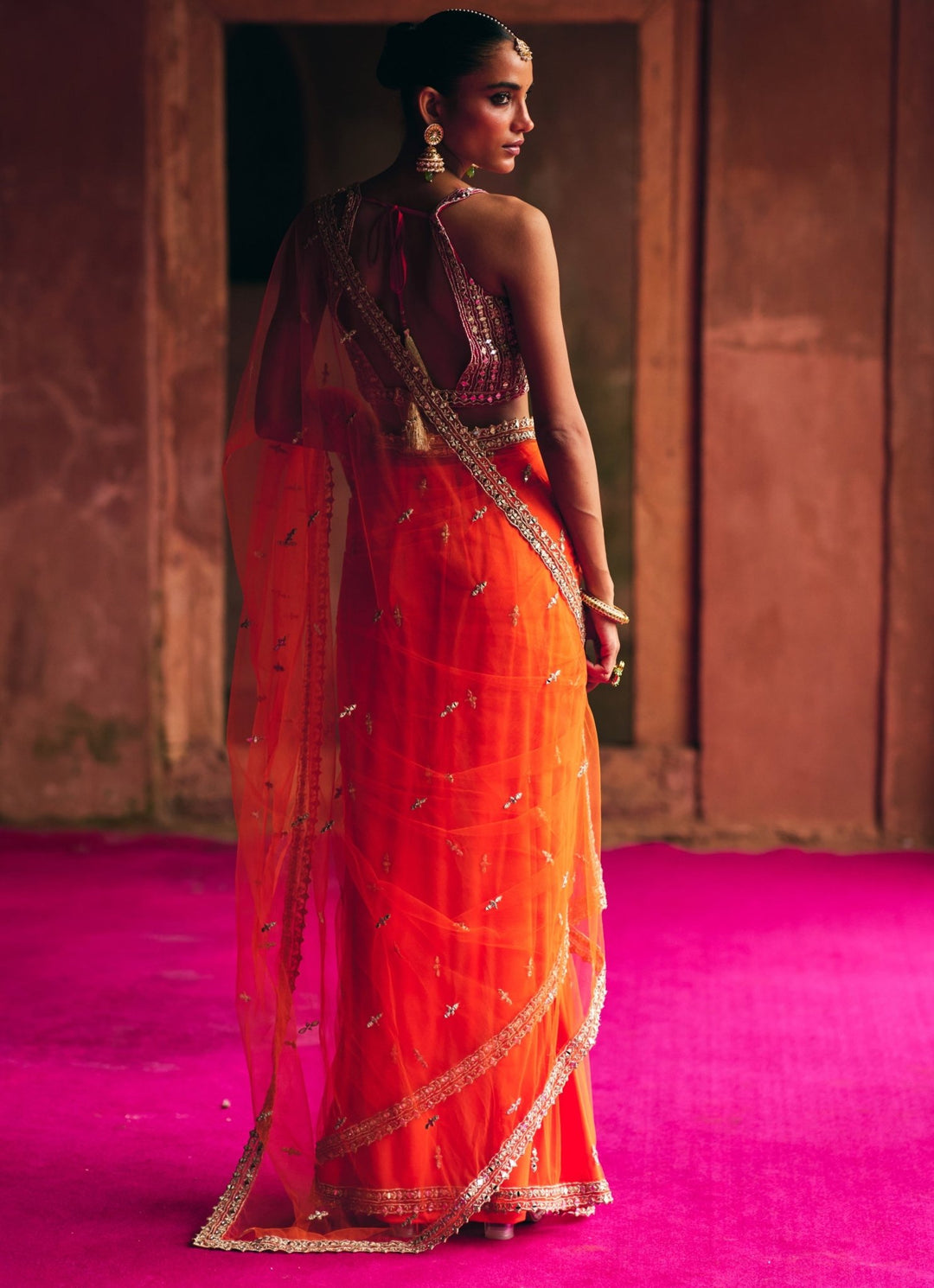 Orange Mirrorwork Net Saree With Red Blouse Angad Singh - Fabilicious Fashion