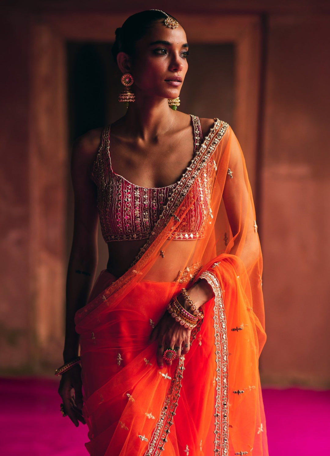 Orange Mirrorwork Net Saree With Red Blouse Angad Singh - Fabilicious Fashion